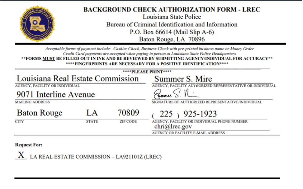 An authorization form for a background check from the Louisiana Real Estate Commission filled out by authorized representative Summer S. Mire, complete with contact details and designated for the Louisiana Real Estate Commission's use.