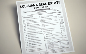 A piece of paper showing a practice test for the Louisiana real estate licensure exam.