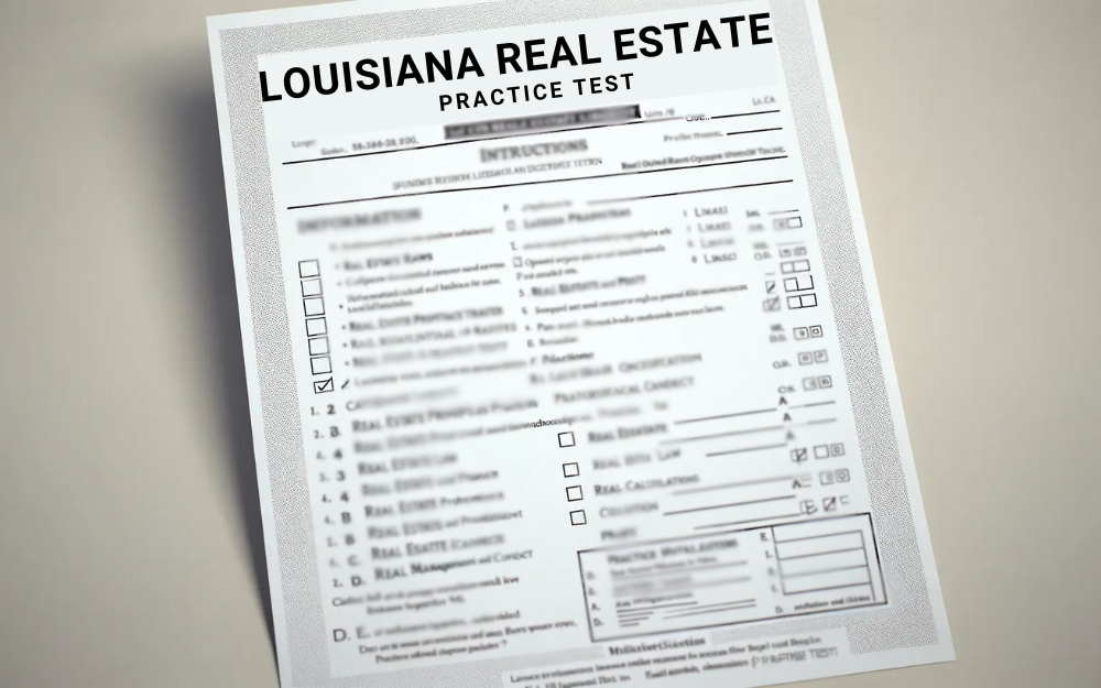 A piece of paper showing a practice test for the Louisiana real estate licensure exam.